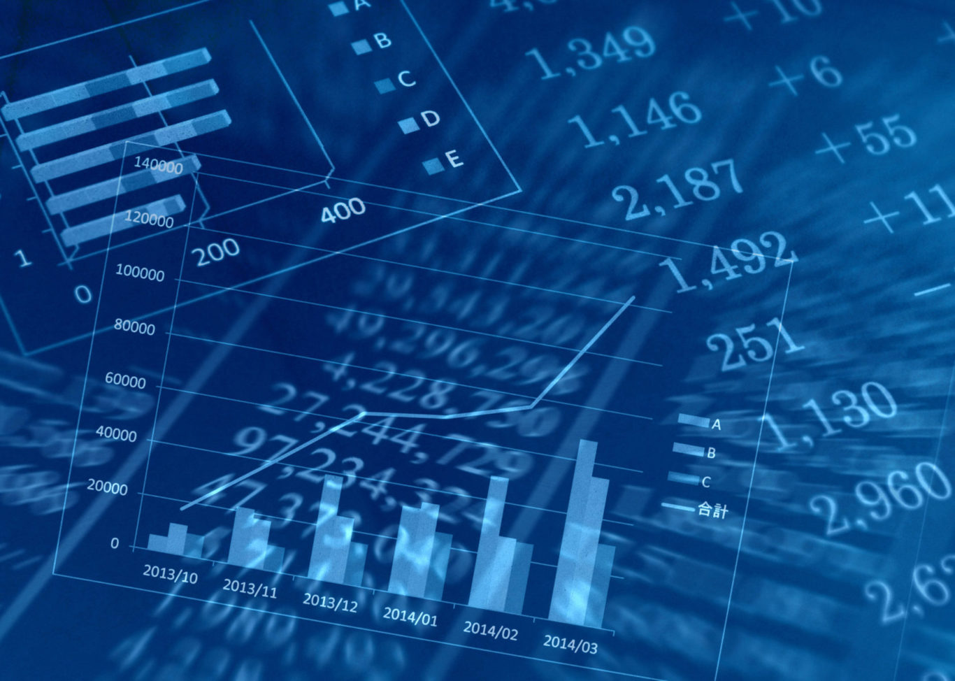 Blue graphic illustration showing numbers and line and bar graphs.